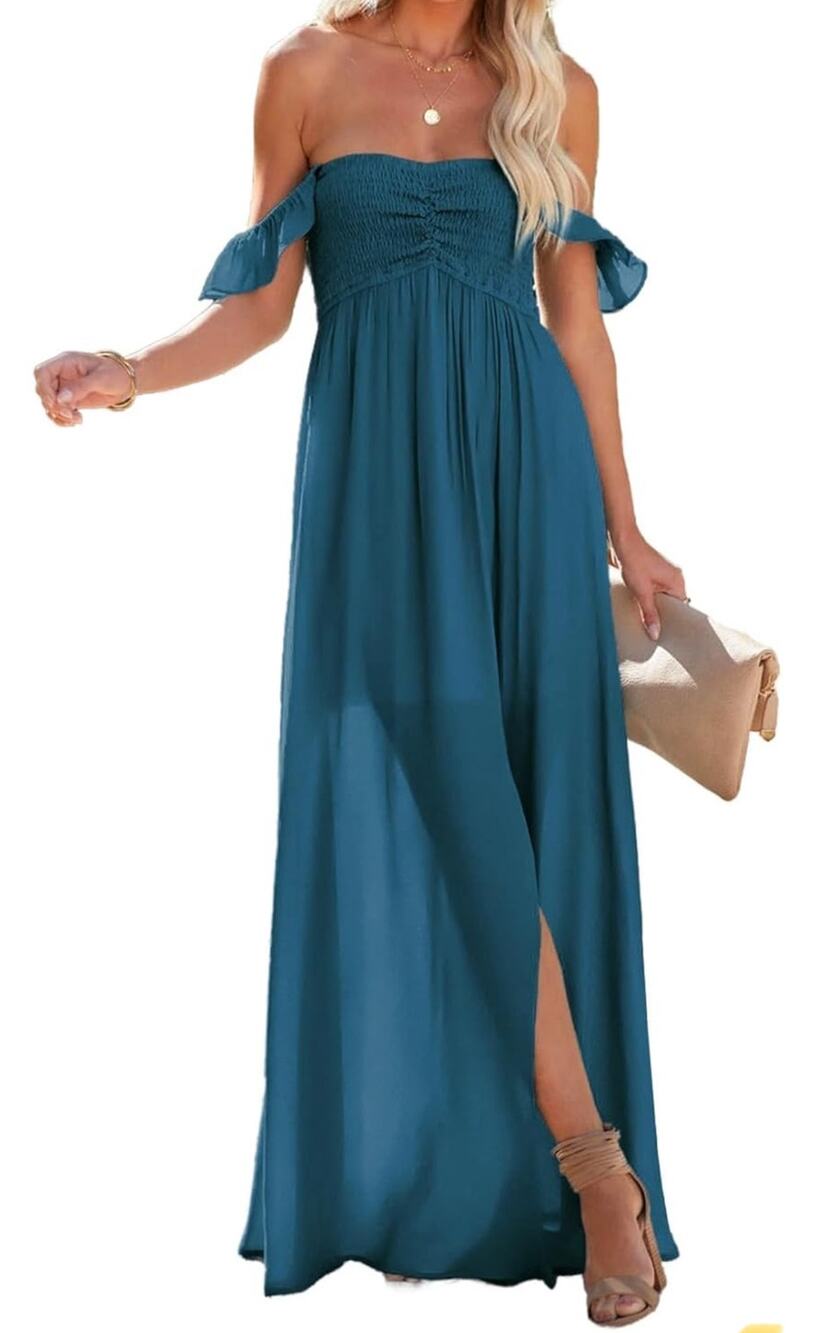 NWT Smocked Off Shoulder Maxi Dress WOMENS SIZE XL Blue A Line Slit Romantic